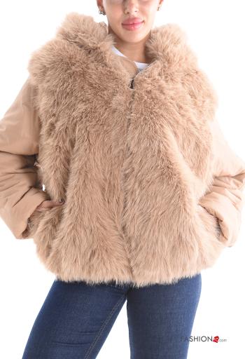 Piumino pelliccia sintetica con zip con tasche con cappuccio
