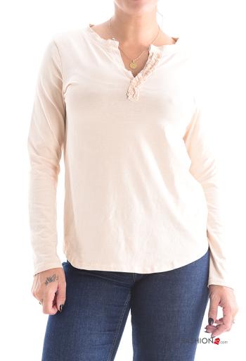 Cotton Long sleeved top with flounces with v-neck