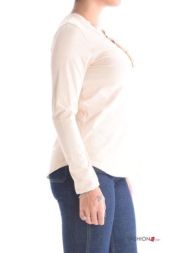 Cotton Long sleeved top with flounces with v-neck - ph 3