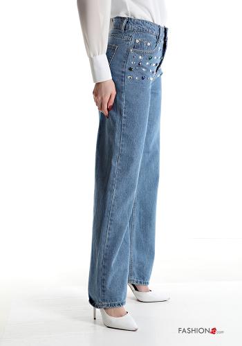 Jeans in Cotone a zampa vita alta con tasche con strass - ph 3