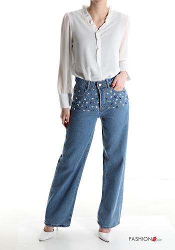 Jeans in Cotone a zampa vita alta con tasche con strass - ph 5