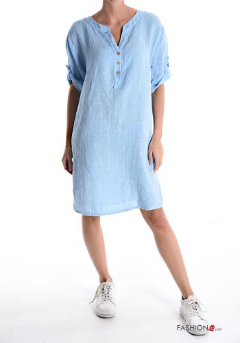 Robe en Lin à genoux à col en V manches à trois-quarts à boutons - ph 1