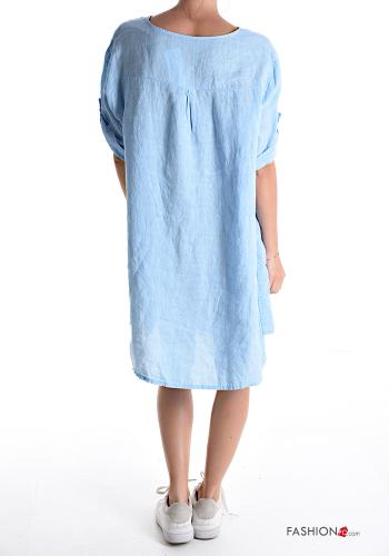 Robe en Lin à genoux à col en V manches à trois-quarts à boutons - ph 2