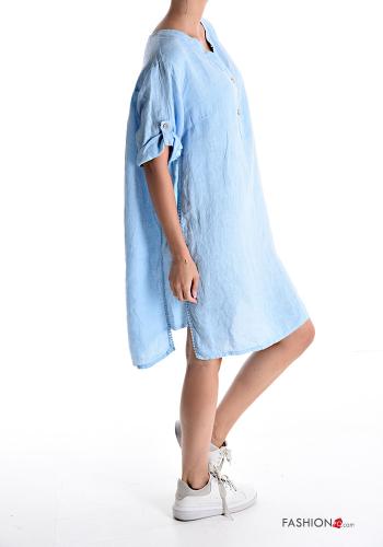 Robe en Lin à genoux à col en V manches à trois-quarts à boutons - ph 3