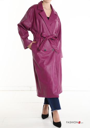 Casaco comprido imitação de couro abotoamento duplo com cinto com bolsos - ph 1