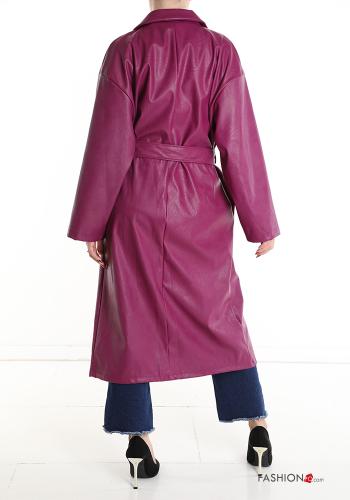 Casaco comprido imitação de couro abotoamento duplo com cinto com bolsos - ph 2