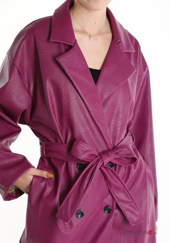 Casaco comprido imitação de couro abotoamento duplo com cinto com bolsos - ph 4