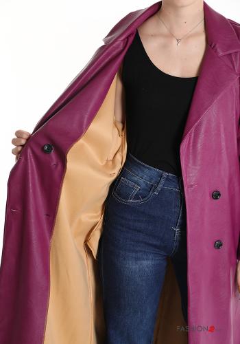 Casaco comprido imitação de couro abotoamento duplo com cinto com bolsos - ph 5