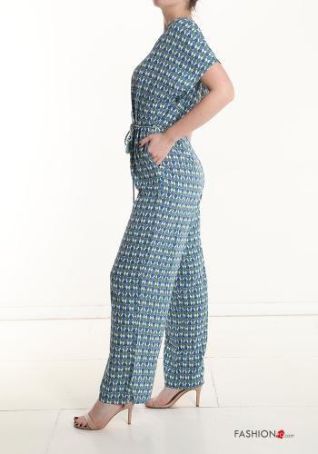 Mono Estampado Geométrico con cuello en v con bolsillos con fajín - ph 3