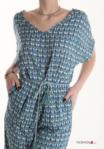 Mono Estampado Geométrico con cuello en v con bolsillos con fajín - ph 4