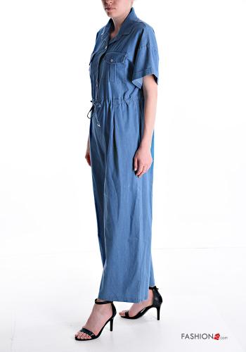 Jumpsuit in Cotone denim maniche corte con coulisse con bottoni con tasche - ph 3