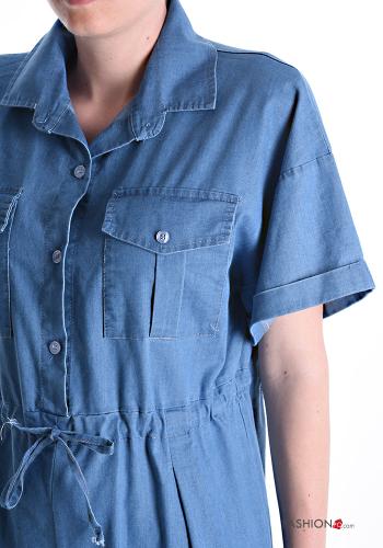 Jumpsuit in Cotone denim maniche corte con coulisse con bottoni con tasche - ph 4