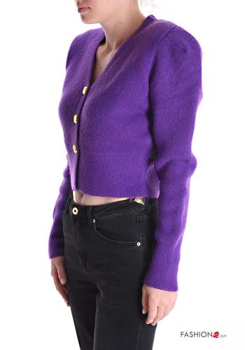 Chaqueta de punto de Mezcla de Lana mangas de globo/ abullonada corto con botones con cuello en v - ph 3