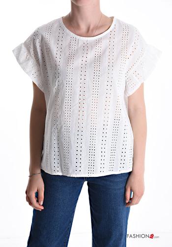 Blusa in Cotone maniche corte in pizzo sangallo - ph 1