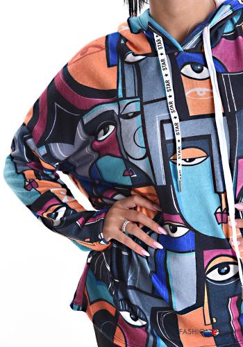 Patterned Sweatshirt with hood with drawstring - ph 4