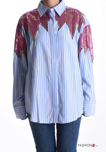 Striped long sleeve with collar Cotton Shirt with sequins with buttons