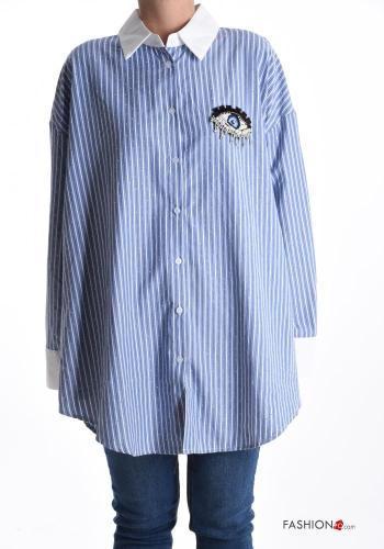 Camicia in Cotone maniche extra lunghe con colletto Fantasia righe con bottoni con strass