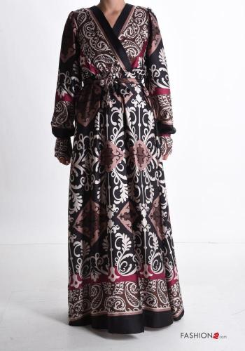 Abito maniche lunghe lungo Fantasia batik con spacco scollo a V con cintura in stoffa - ph 1