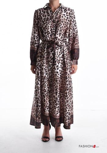 Animal print long sleeve with collar long Shirt dress with buttons with fabric belt - ph 1