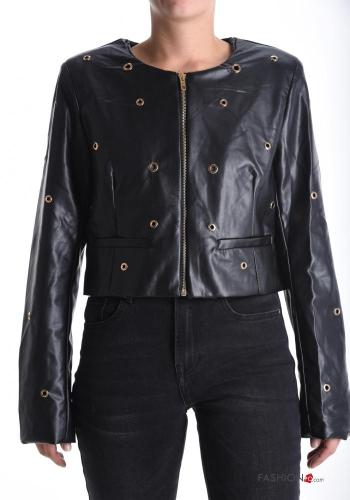 faux leather crew neck Bolero with zip with lining with studs