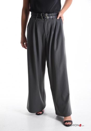 wide leg Cotton Trousers with belt with pockets with buttons