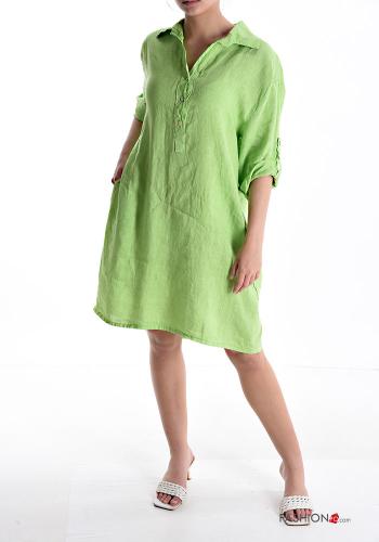 Robe en Lin à genoux avec poches à boutons manches à trois-quarts à col en V - ph 1