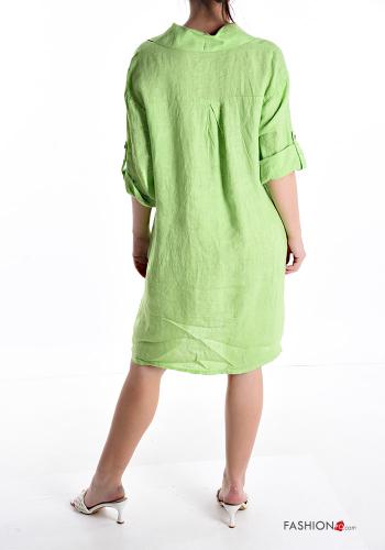 Robe en Lin à genoux avec poches à boutons manches à trois-quarts à col en V - ph 2