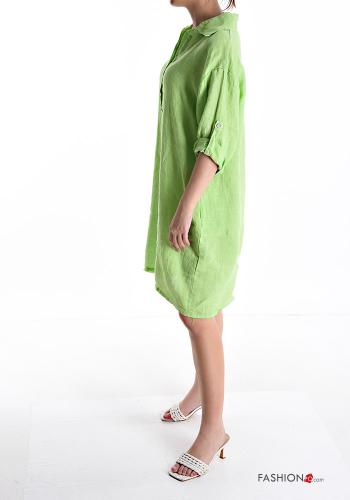 Robe en Lin à genoux avec poches à boutons manches à trois-quarts à col en V - ph 3