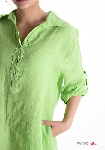 Robe en Lin à genoux avec poches à boutons manches à trois-quarts à col en V - ph 4