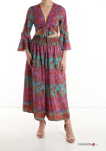 Jacquard-Muster zweiteilige Set aus Seide mit V-Ausschnitt mit knoten - ph 1