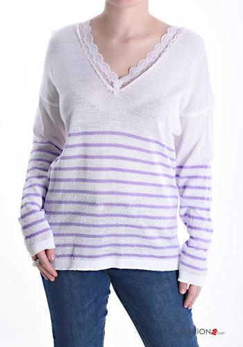 Striped lace trim Sweater with v-neck