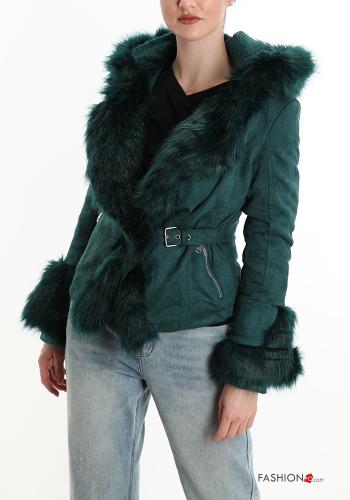 Wildleder Kunstfell Jacke mit Gürtel mit Reißverschluss mit Taschen - ph 1