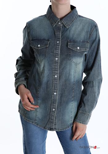 Denim Hemd aus Baumwolle mit Knöpfen mit Taschen - ph 1