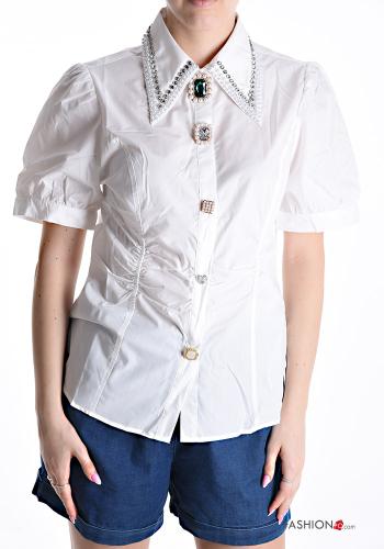 Camicia in Cotone maniche corte con colletto con perle con bottoni con strass