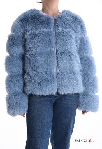 crew neck Faux Fur Coat with zip with lining with studs