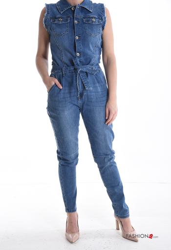 Denim ärmellos Overall aus Baumwolle mit Knöpfen mit stoffgürtel mit Taschen - ph 1