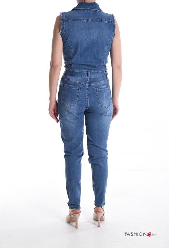 Denim ärmellos Overall aus Baumwolle mit Knöpfen mit stoffgürtel mit Taschen - ph 2