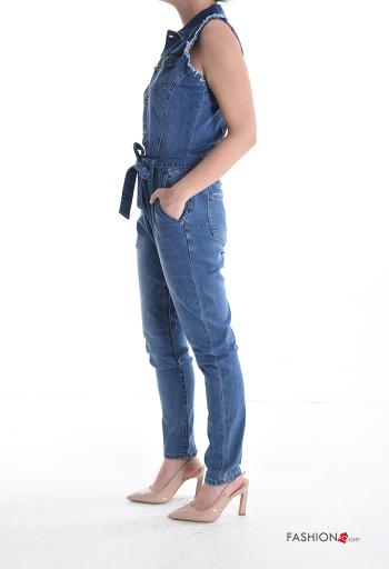 Denim ärmellos Overall aus Baumwolle mit Knöpfen mit stoffgürtel mit Taschen - ph 3