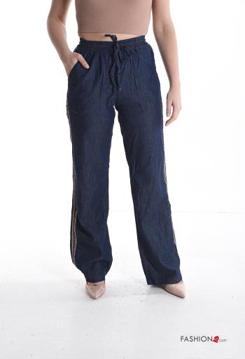 Pantalon en Coton taille haute wide leg en denim avec poches avec élastique