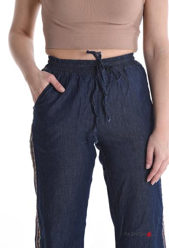 Pantalon en Coton taille haute wide leg en denim avec poches avec élastique - ph 4