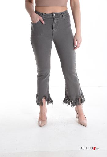 Jeans en Coton avec poches à boutons à franges avec fermeture éclair