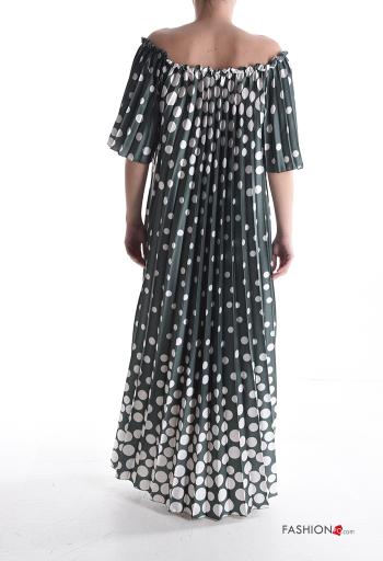 gepunktet plissiert lange kurze ärmel Kleid mit gummizug bardot-ausschnitt - ph 2