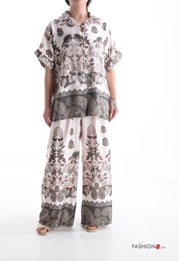 Coordinato wide leg maniche corte con colletto Fantasia stampata con bottoni con elastico
