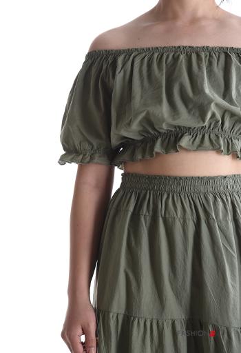 Coordinato in Cotone maniche corte scollo alla bardot con spacco con balze con elastico - ph 4
