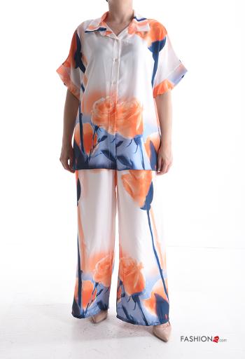 Coordinato wide leg maniche corte con colletto Fantasia floreale con bottoni con elastico