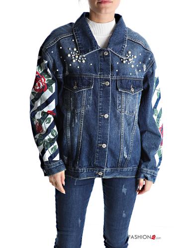 Floral denim Cotton Jacket with buttons with pearls with pockets - ph 1