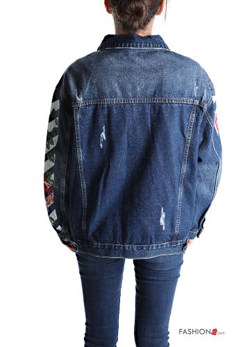 Floral denim Cotton Jacket with buttons with pearls with pockets - ph 2