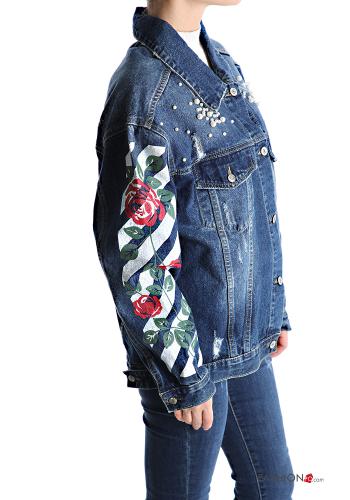 Floral denim Cotton Jacket with buttons with pearls with pockets - ph 3