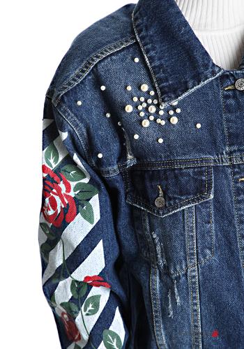 Floral denim Cotton Jacket with buttons with pearls with pockets - ph 4