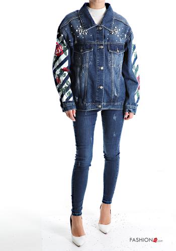 Floral denim Cotton Jacket with buttons with pearls with pockets - ph 5